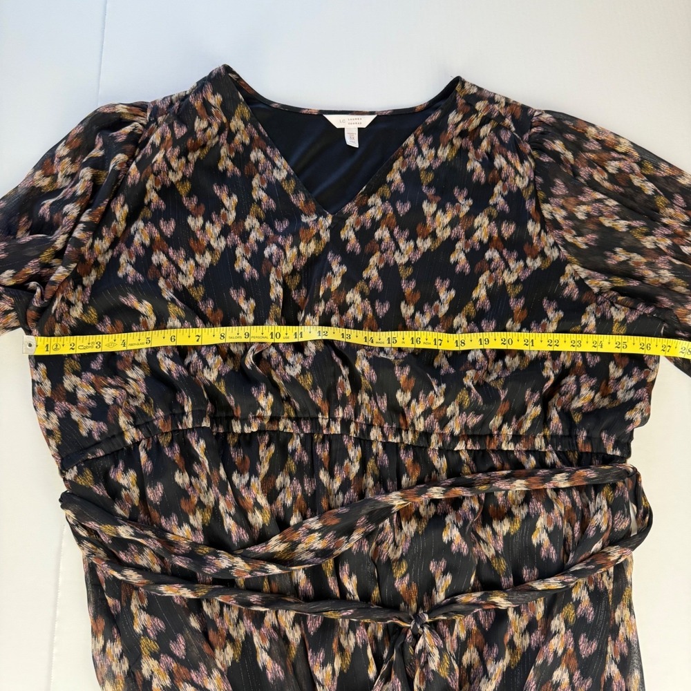LC Lauren Conrad 3X‎ Plus Metallic Ikat Chiffon Midi Dress Puff Sleeve Black - Picture 7 of 11